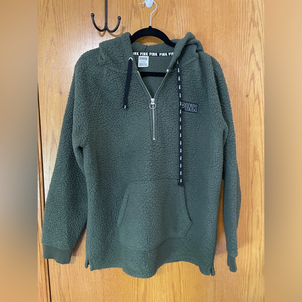 Victoria secret PINK, green quarter zip Sherpa hoodie